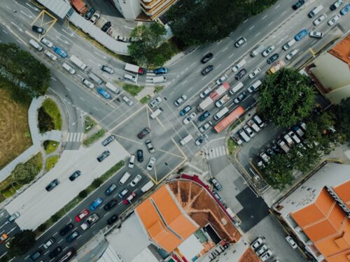 overhead view of busy intersection