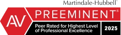AV Preeminent 2025 badge stating "Peer Rated for Highest Level of Professional Excellence" in white and red text, awarded to Dale R. Gomes, Esq.