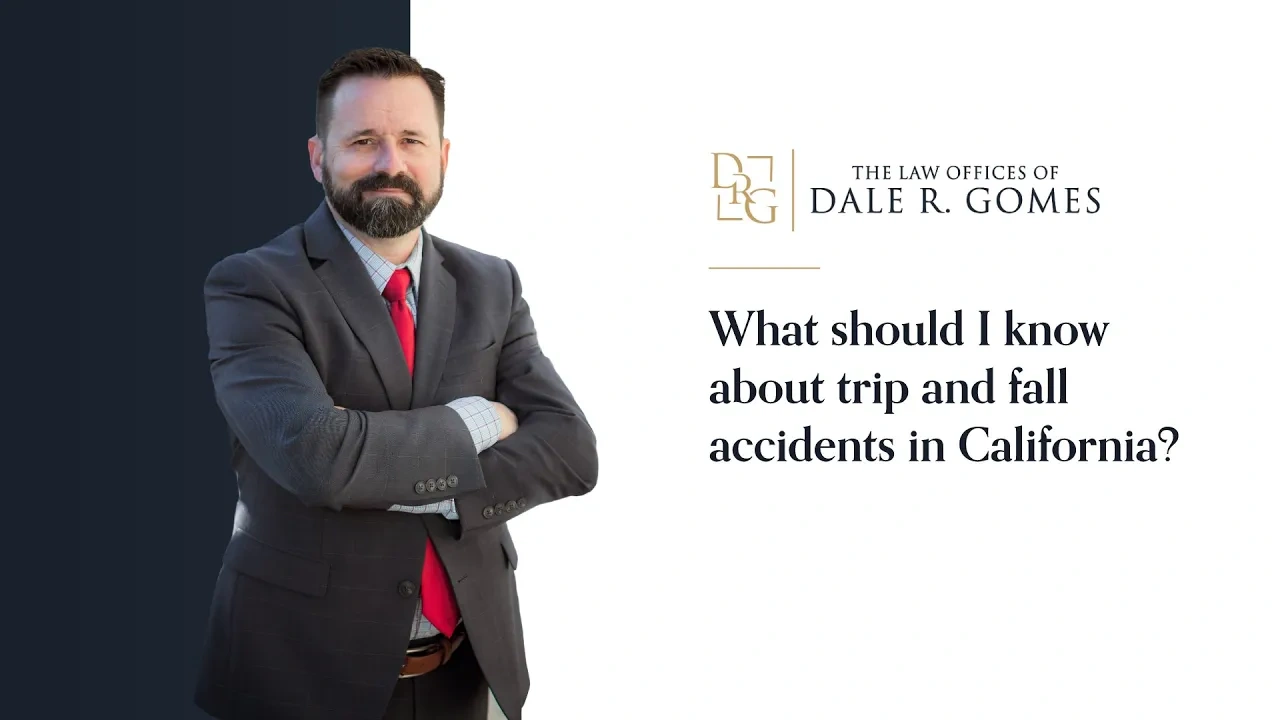 A man in a suit stands with arms crossed next to the text: "What should I know about trip and fall accidents in California? The Law Offices of Dale R. Gomes.