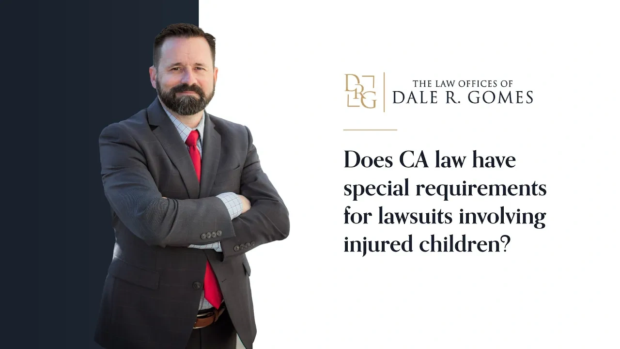 A man in a suit stands with arms crossed next to text asking if California law has special requirements for lawsuits involving injured children, with a law office logo above.