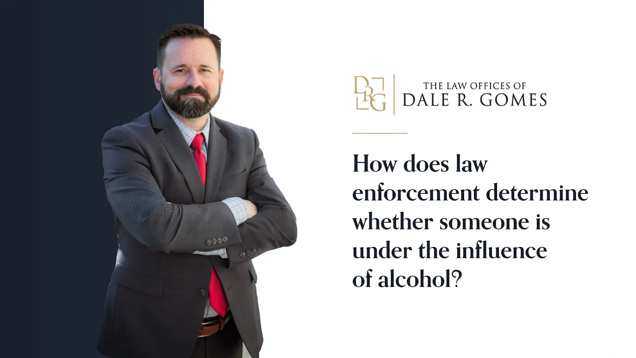A man in a suit stands with arms crossed next to text reading, “How does law enforcement determine whether someone is under the influence of alcohol?” and a law office logo.