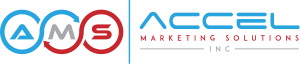 Accel Marketing Solutions Inc. logo featuring blue and red stylized letters "AMS" in circles and blue text reading "ACCEL MARKETING SOLUTIONS INC.