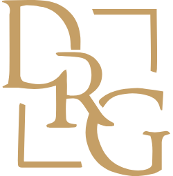 Stylized gold letters "D", "R", "G", and "L" overlap on a light background, forming a symmetrical, decorative logo design.