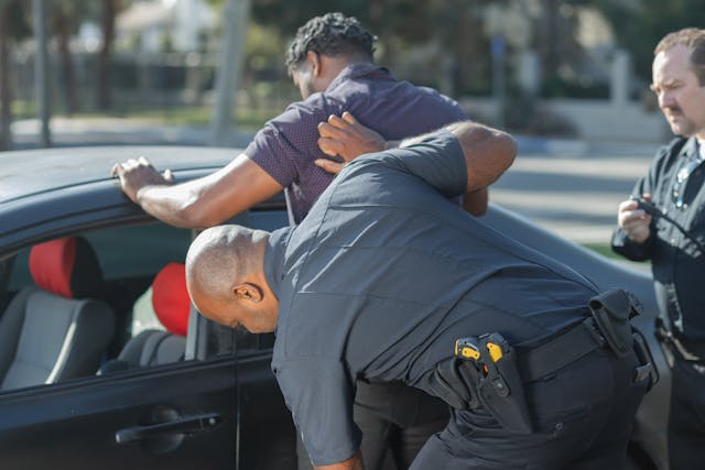 A police officer searches a man who is leaning against a car, while another officer stands nearby discussing child abuse penalties in California.
