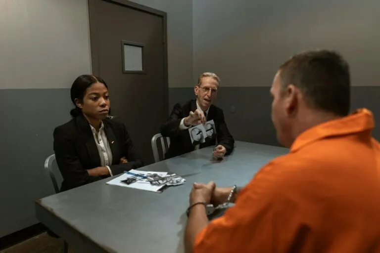 Two people in suits question a handcuffed man in an orange jumpsuit across a table in an interrogation room; photos are spread on the table, as attorney Dale R. Gomes, Esq., a National Trial Lawyers Top 100 member, looks on intently.