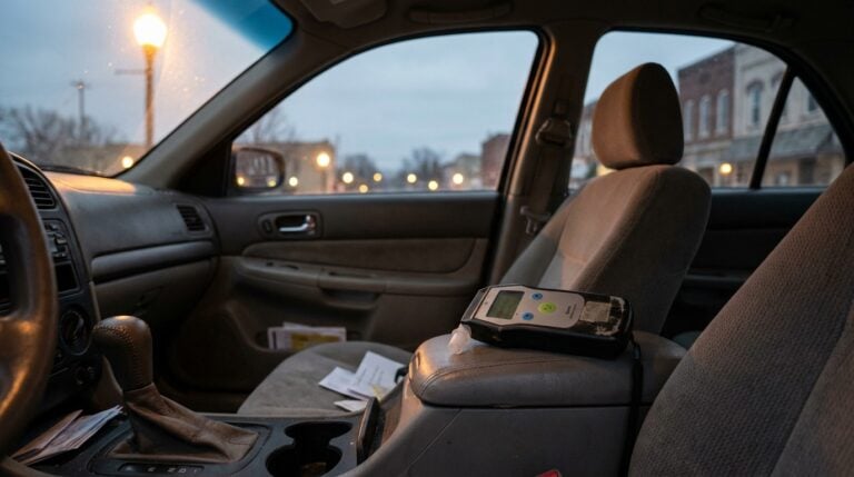breathalyzer device resting on car seat beside scattered documents at night
