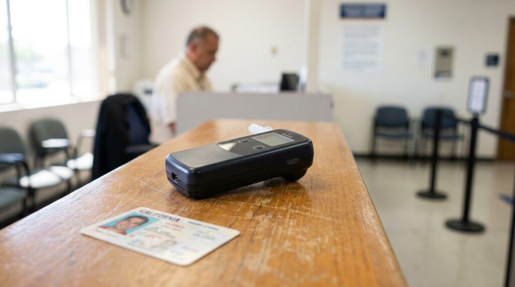 breathalyzer device and California driver's license on DMV counter