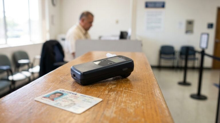 breathalyzer device and California driver's license on DMV counter