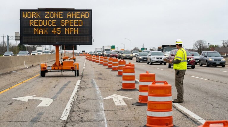 Work Zone Ahead Reduce Speed Max 45 MPH sign with worker and traffic barrels on highway