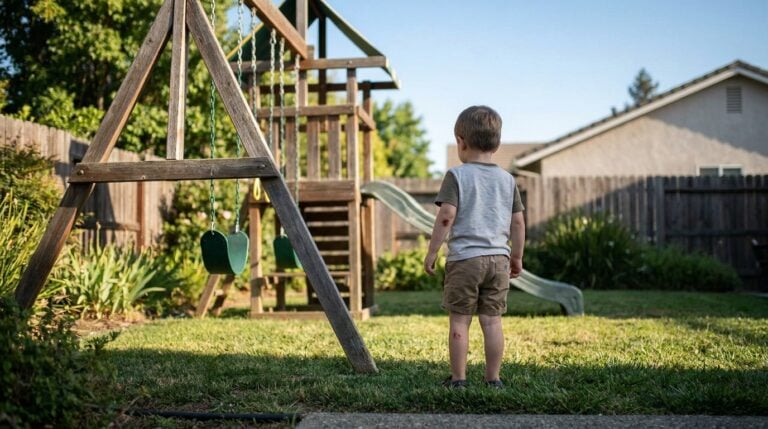 young child standing in backyard near wooden swing set with visible arm injury