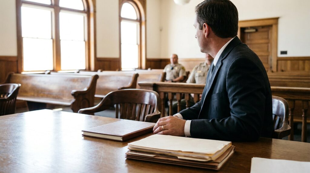 attorney seated at courtroom table with legal files and book before proceeding