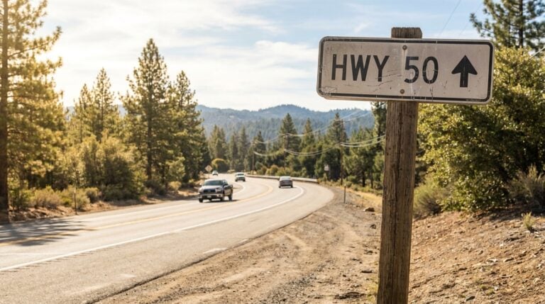 HWY 50 directional road sign beside two-lane highway with vehicles and pine trees