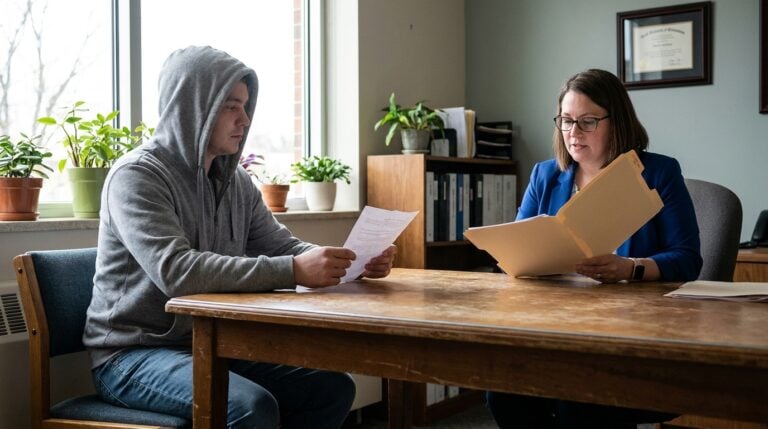 young man and female attorney reviewing legal documents at office desk
