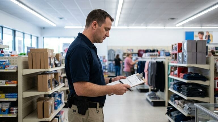 uniformed security officer reviewing clipboard document inside retail store aisle