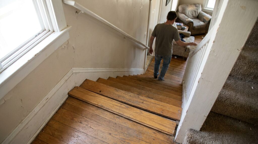 man descending worn wooden staircase with uneven steps in neglected residential property