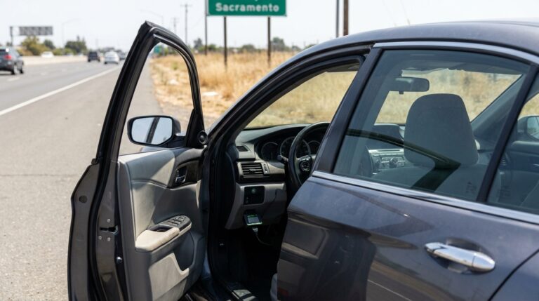 sedan with open driver door pulled over on Sacramento highway roadside