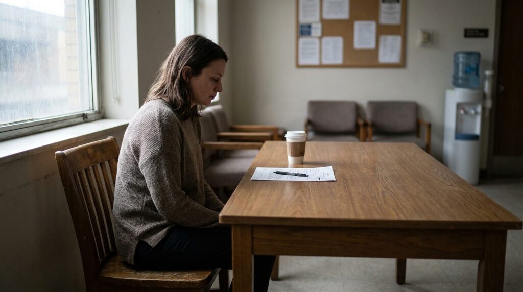 woman seated alone at table with document, pen, and coffee cup in waiting room