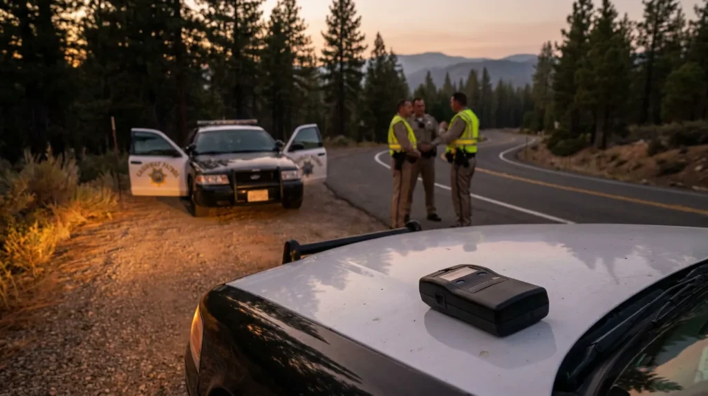California Highway Patrol officers standing near marked patrol vehicles on rural road