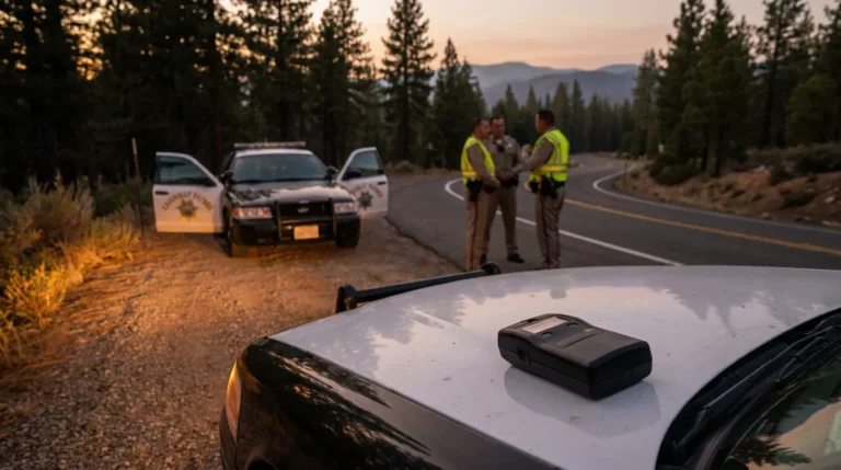 California Highway Patrol officers standing near marked patrol vehicles on rural road