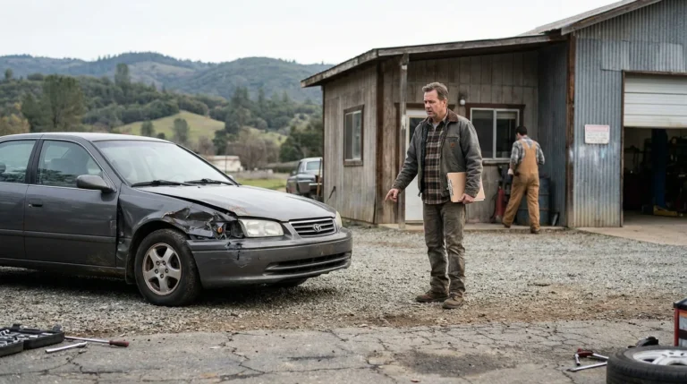 man holding clipboard inspecting damaged Toyota sedan outside rural auto repair shop