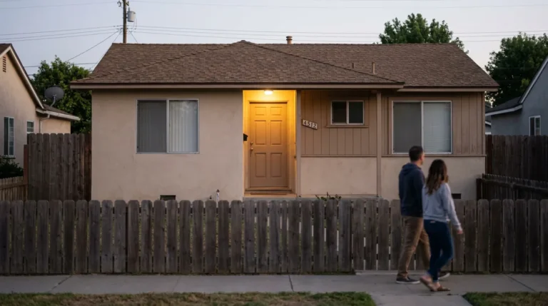 two people walking past residential house numbered 4512 with illuminated front door