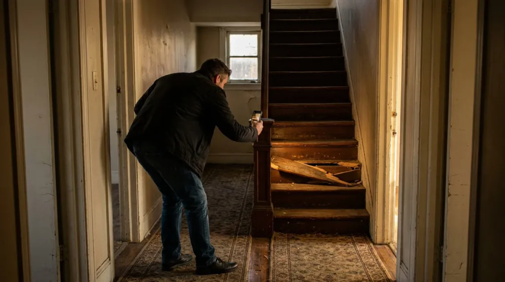 man photographing broken staircase with smartphone documenting property hazard