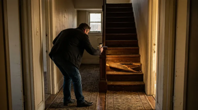 man photographing broken staircase with smartphone documenting property hazard