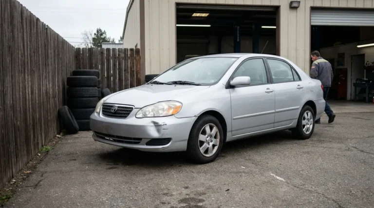 Toyota Corolla sedan with front bumper damage parked outside auto repair shop