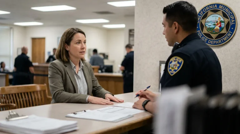 woman speaking with uniformed officer at California Municipal Police Department counter