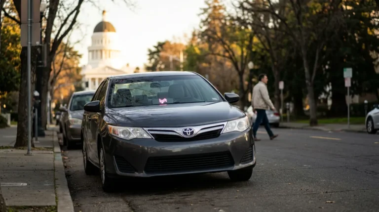 Toyota sedan displaying Lyft sign parked on urban street near government building