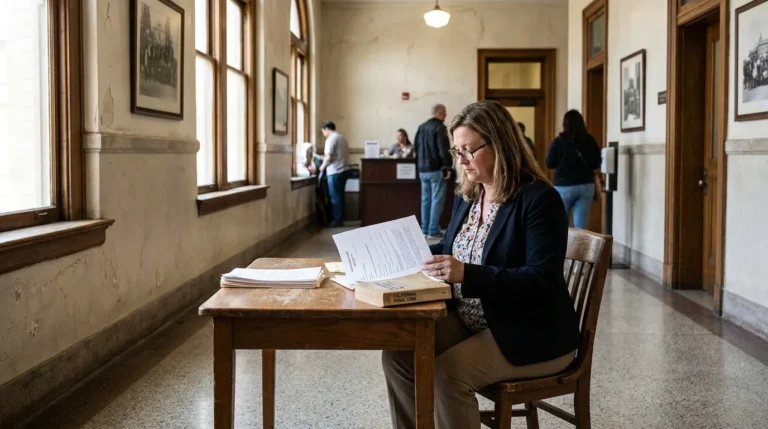 attorney reviewing legal documents beside California Penal Code book in courthouse hallway